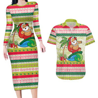 Mele Kalikimaka Hawaii Christmas Couples Matching Long Sleeve Bodycon Dress and Hawaiian Shirt Surfing Santa with Polynesian Tribal LT9 Green - Polynesian Pride