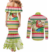 Mele Kalikimaka Hawaii Christmas Couples Matching Mermaid Dress and Long Sleeve Button Shirt Surfing Santa with Polynesian Tribal LT9 - Polynesian Pride