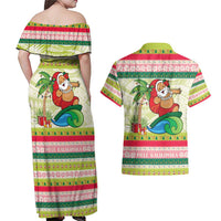 Mele Kalikimaka Hawaii Christmas Couples Matching Off Shoulder Maxi Dress and Hawaiian Shirt Surfing Santa with Polynesian Tribal LT9 - Polynesian Pride