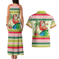 Mele Kalikimaka Hawaii Christmas Couples Matching Tank Maxi Dress and Hawaiian Shirt Surfing Santa with Polynesian Tribal LT9 - Polynesian Pride