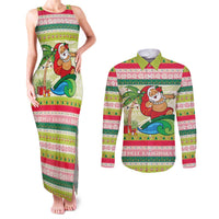 Mele Kalikimaka Hawaii Christmas Couples Matching Tank Maxi Dress and Long Sleeve Button Shirt Surfing Santa with Polynesian Tribal LT9 Green - Polynesian Pride