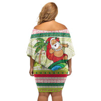 Mele Kalikimaka Hawaii Christmas Family Matching Off Shoulder Short Dress and Hawaiian Shirt Surfing Santa with Polynesian Tribal LT9 - Polynesian Pride