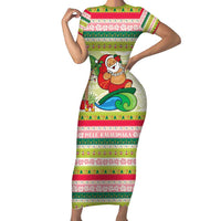 Mele Kalikimaka Hawaii Christmas Family Matching Short Sleeve Bodycon Dress and Hawaiian Shirt Surfing Santa with Polynesian Tribal LT9 Mom's Dress Green - Polynesian Pride