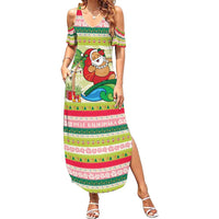 Mele Kalikimaka Hawaii Christmas Family Matching Summer Maxi Dress and Hawaiian Shirt Surfing Santa with Polynesian Tribal LT9 Mom's Dress Green - Polynesian Pride