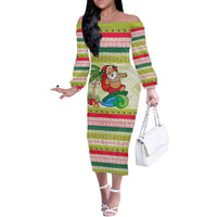 Mele Kalikimaka Hawaii Christmas Off The Shoulder Long Sleeve Dress Surfing Santa with Polynesian Tribal LT9 Women Green - Polynesian Pride