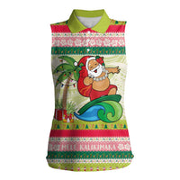 Mele Kalikimaka Hawaii Christmas Women Sleeveless Polo Shirt Surfing Santa with Polynesian Tribal LT9 Female Green - Polynesian Pride