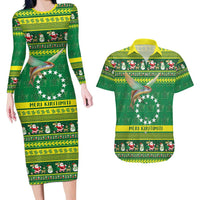 Meri Kiritimiti Cook Islands Christmas Couples Matching Long Sleeve Bodycon Dress and Hawaiian Shirt Maroro Flying Fish and White Stars LT9 Green - Polynesian Pride