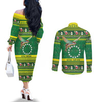 Meri Kiritimiti Cook Islands Christmas Couples Matching Off The Shoulder Long Sleeve Dress and Long Sleeve Button Shirt Maroro Flying Fish and White Stars LT9 - Polynesian Pride