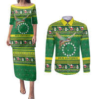 Meri Kiritimiti Cook Islands Christmas Couples Matching Puletasi and Long Sleeve Button Shirt Maroro Flying Fish and White Stars