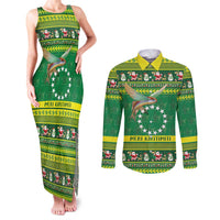 Meri Kiritimiti Cook Islands Christmas Couples Matching Tank Maxi Dress and Long Sleeve Button Shirt Maroro Flying Fish and White Stars LT9 Green - Polynesian Pride