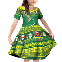 Meri Kiritimiti Cook Islands Christmas Family Matching Off Shoulder Short Dress and Hawaiian Shirt Maroro Flying Fish and White Stars LT9 Daughter's Dress Green - Polynesian Pride