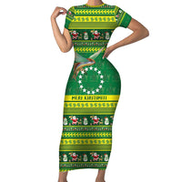 Meri Kiritimiti Cook Islands Christmas Family Matching Short Sleeve Bodycon Dress and Hawaiian Shirt Maroro Flying Fish and White Stars LT9 Mom's Dress Green - Polynesian Pride