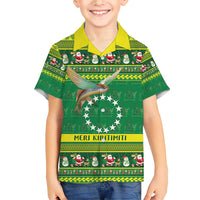 Meri Kiritimiti Cook Islands Christmas Family Matching Short Sleeve Bodycon Dress and Hawaiian Shirt Maroro Flying Fish and White Stars LT9 Son's Shirt Green - Polynesian Pride