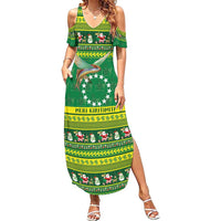 Meri Kiritimiti Cook Islands Christmas Family Matching Summer Maxi Dress and Hawaiian Shirt Maroro Flying Fish and White Stars LT9 Mom's Dress Green - Polynesian Pride