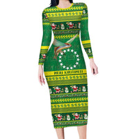 Meri Kiritimiti Cook Islands Christmas Long Sleeve Bodycon Dress Maroro Flying Fish and White Stars LT9 Long Dress Green - Polynesian Pride