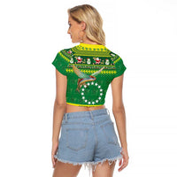 Meri Kiritimiti Cook Islands Christmas Raglan Cropped T Shirt Maroro Flying Fish and White Stars
