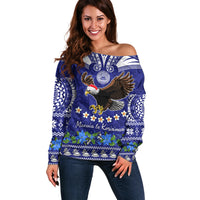 American Samoa Christmas Off Shoulder Sweater Manuia le Kerisimasi Polynesian Tribal LT9 Women Blue - Polynesian Pride