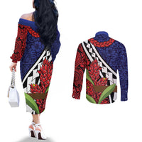 Samoan Ula Fala Flowers Couples Matching Off The Shoulder Long Sleeve Dress and Long Sleeve Button Shirt Christmas Santa Belt LT9 - Polynesian Pride