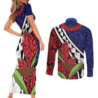 Samoan Ula Fala Flowers Couples Matching Short Sleeve Bodycon Dress and Long Sleeve Button Shirt Christmas Santa Belt LT9 - Polynesian Pride