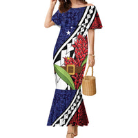 Samoan Ula Fala Flowers Family Matching Mermaid Dress and Hawaiian Shirt Christmas Santa Belt LT9 Mom's Dress Red - Polynesian Pride