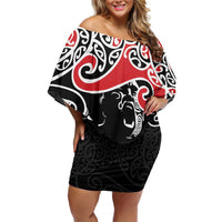 Aotearoa Toitu Te Tiriti Family Matching Off Shoulder Short Dress and Hawaiian Shirt New Zealand Stand Together Stand Stronger LT9 Mom's Dress Black - Polynesian Pride