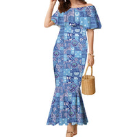 Federated States of Micronesia Merry Christmas Family Matching Mermaid Dress and Hawaiian Shirt Pacific Patchwork Xmas Vibes LT9 Mom's Dress Blue - Polynesian Pride