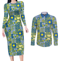Palau Ungil Kurismas Couples Matching Long Sleeve Bodycon Dress and Long Sleeve Button Shirt Pacific Patchwork Xmas Vibes - Polynesian Pride
