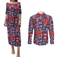 Red Samoa Manuia Le Kerisimasi Couples Matching Puletasi and Long Sleeve Button Shirt Pacific Patchwork Xmas Vibes LT9 Red - Polynesian Pride