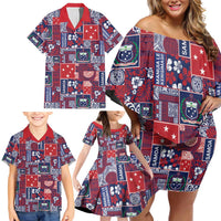 Red Samoa Manuia Le Kerisimasi Family Matching Off Shoulder Short Dress and Hawaiian Shirt Pacific Patchwork Xmas Vibes - Polynesian Pride