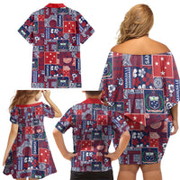 Red Samoa Manuia Le Kerisimasi Family Matching Off Shoulder Short Dress and Hawaiian Shirt Pacific Patchwork Xmas Vibes - Polynesian Pride