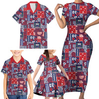 Red Samoa Manuia Le Kerisimasi Family Matching Short Sleeve Bodycon Dress and Hawaiian Shirt Pacific Patchwork Xmas Vibes - Polynesian Pride