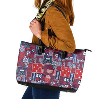 Red Samoa Manuia Le Kerisimasi Leather Tote Bag Pacific Patchwork Xmas Vibes - Polynesian Pride