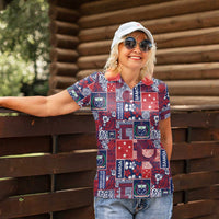 Red Samoa Manuia Le Kerisimasi Women Polo Shirt Pacific Patchwork Xmas Vibes - Polynesian Pride