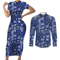 Blue Samoa Manuia Le Kerisimasi Couples Matching Short Sleeve Bodycon Dress and Long Sleeve Button Shirt Pacific Patchwork Xmas Vibes - Polynesian Pride