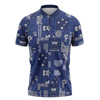 Blue Samoa Manuia Le Kerisimasi Zipper Polo Shirt Pacific Patchwork Xmas Vibes - Polynesian Pride
