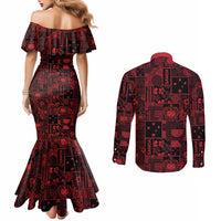 Dark Samoa Manuia Le Kerisimasi Couples Matching Mermaid Dress and Long Sleeve Button Shirt Pacific Patchwork Xmas Vibes - Polynesian Pride