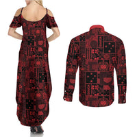 Dark Samoa Manuia Le Kerisimasi Couples Matching Summer Maxi Dress and Long Sleeve Button Shirt Pacific Patchwork Xmas Vibes - Polynesian Pride