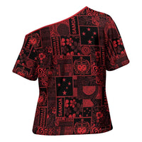 Dark Samoa Manuia Le Kerisimasi Cross Shoulder Shirt Pacific Patchwork Xmas Vibes - Polynesian Pride