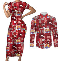 Tahiti Oaoa I Teie Noera Couples Matching Short Sleeve Bodycon Dress and Long Sleeve Button Shirt Pacific Patchwork Xmas Vibes - Polynesian Pride