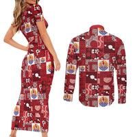 Tahiti Oaoa I Teie Noera Couples Matching Short Sleeve Bodycon Dress and Long Sleeve Button Shirt Pacific Patchwork Xmas Vibes - Polynesian Pride