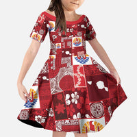 Tahiti Oaoa I Teie Noera Family Matching Off Shoulder Short Dress and Hawaiian Shirt Pacific Patchwork Xmas Vibes LT9 Daughter's Dress Red - Polynesian Pride