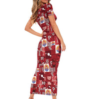 Tahiti Oaoa I Teie Noera Short Sleeve Bodycon Dress Pacific Patchwork Xmas Vibes - Polynesian Pride