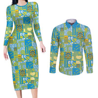 Tuvalu Manuia te Kilisimasi Couples Matching Long Sleeve Bodycon Dress and Long Sleeve Button Shirt Pacific Patchwork Xmas Vibes LT9 Green - Polynesian Pride