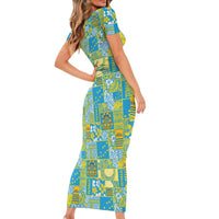 Tuvalu Manuia te Kilisimasi Short Sleeve Bodycon Dress Pacific Patchwork Xmas Vibes - Polynesian Pride