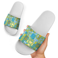 Tuvalu Manuia te Kilisimasi Slide Sandals Pacific Patchwork Xmas Vibes - Polynesian Pride