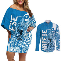 Yap Day 1 March Couples Matching Off Shoulder Short Dress and Long Sleeve Button Shirt Micronesia Yapese Warrior LT9 Blue - Polynesian Pride