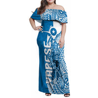 Yap Day 1 March Family Matching Off Shoulder Maxi Dress and Hawaiian Shirt Micronesia Yapese Warrior LT9 Mom's Dress Blue - Polynesian Pride