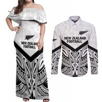 New Zealand Football Custom Couples Matching Off Shoulder Maxi Dress and Long Sleeve Button Shirt All White Fern Go Champions LT9 White - Polynesian Pride