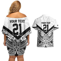 New Zealand Football Custom Couples Matching Off Shoulder Short Dress and Hawaiian Shirt All White Fern Go Champions LT9 - Polynesian Pride