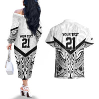 New Zealand Football Custom Couples Matching Off The Shoulder Long Sleeve Dress and Hawaiian Shirt All White Fern Go Champions LT9 - Polynesian Pride